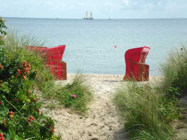 Die roten Strandkörbe am Strand von Schönhagen