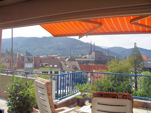 Freiburg Citywohnung Ausblick vom Esszimmer auf die Terrasse nach Süden
