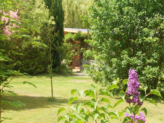 Blick vom Garten auf den Terrasseneingang des B...