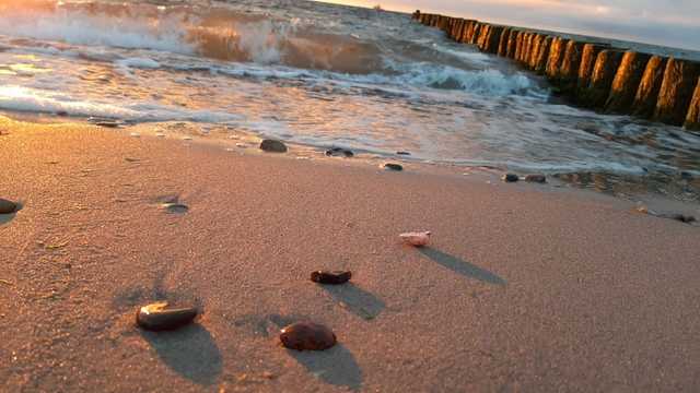 Glanz der Steine am Strand im Abendlicht
